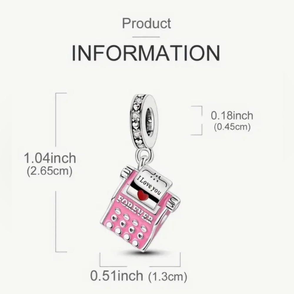 Silver & Pink Dangle Typewriter Charm "I love you forever" & "You Are My… - Picture 2 of 7
